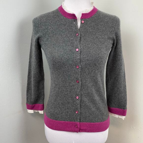 Sutton Grey & Magenta Fitted 100% Cashmere Cardigan Small EUC - Picture 1 of 8